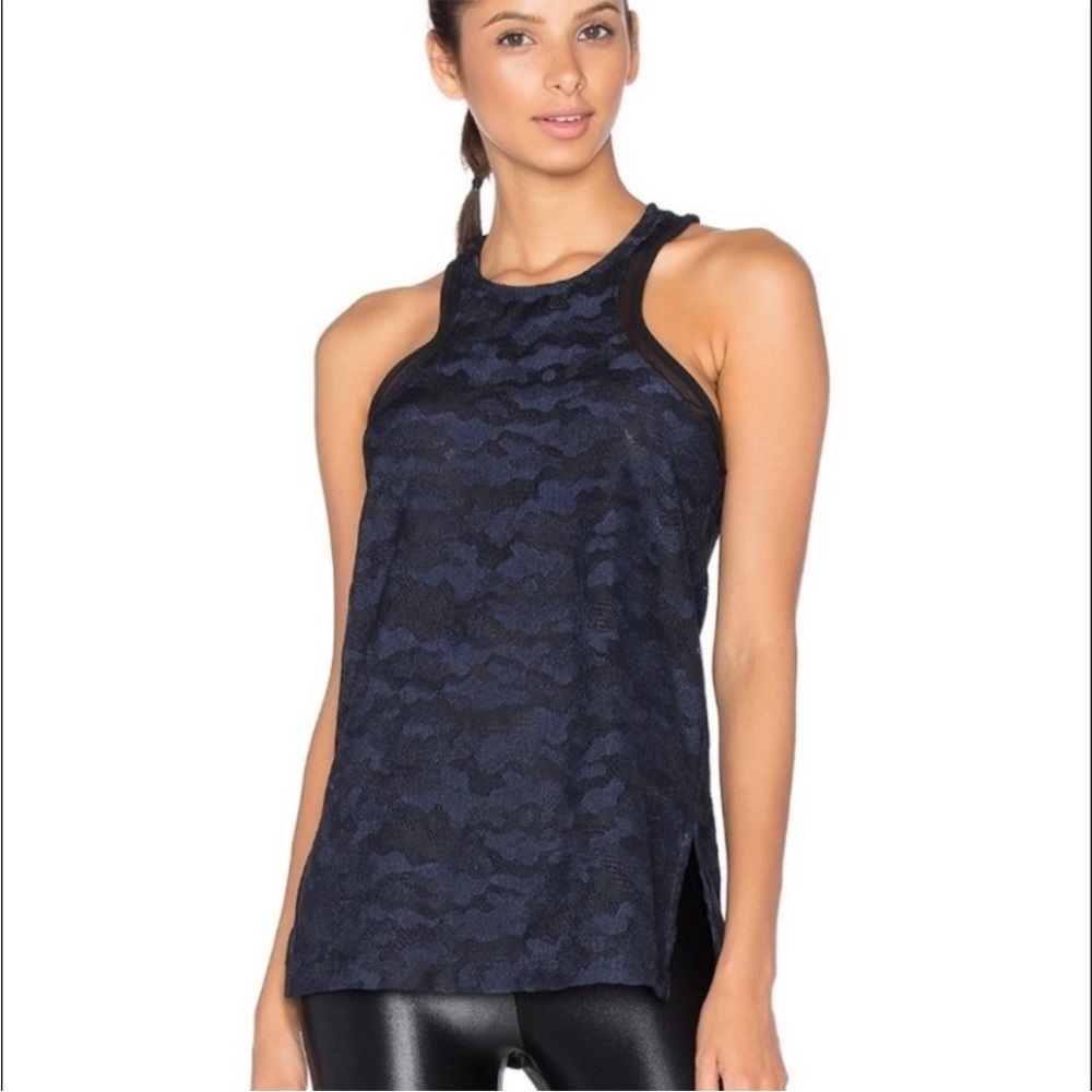 KORAL | Control Camo Racerback Tank, Navy Lace over Black Mesh